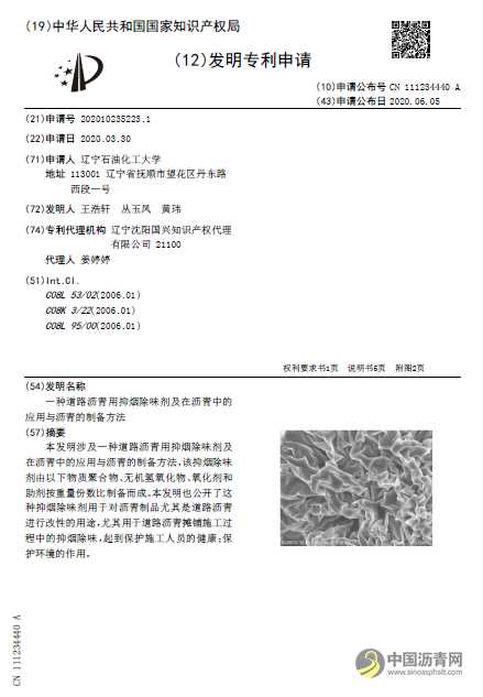 一项沥青抑烟除味剂专利公布 三聚氰胺为助剂 沥青网，sinoasphalt.com